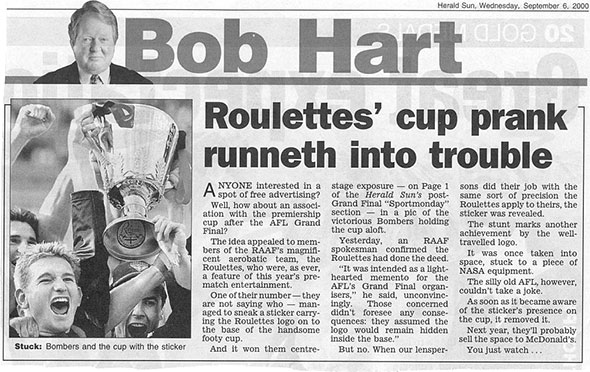 Roulettes' sticker on the ALF Cup~Melbourne Newspaper